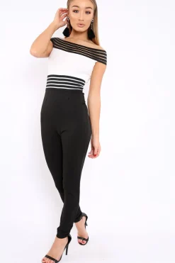 Rebellious Fashion Bardot Black and White Jumpsuit with Striped Detail - Casy