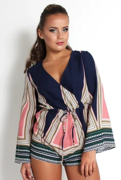 Rebellious Fashion Baylee Blue Abstract Bell Sleeve Playsuit