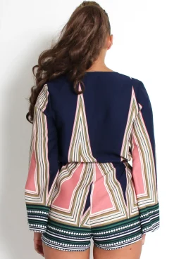 Rebellious Fashion Baylee Blue Abstract Bell Sleeve Playsuit