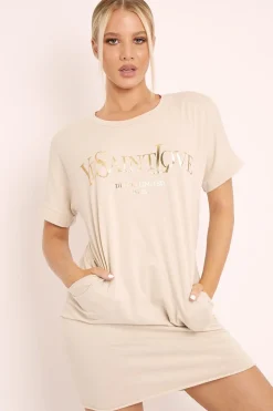 Rebellious Fashion Beige and Gold Parisian Slogan T-shirt Dress - Claire