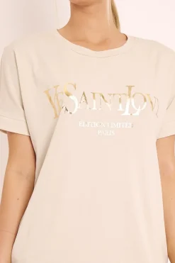 Rebellious Fashion Beige and Gold Parisian Slogan T-shirt Dress - Claire