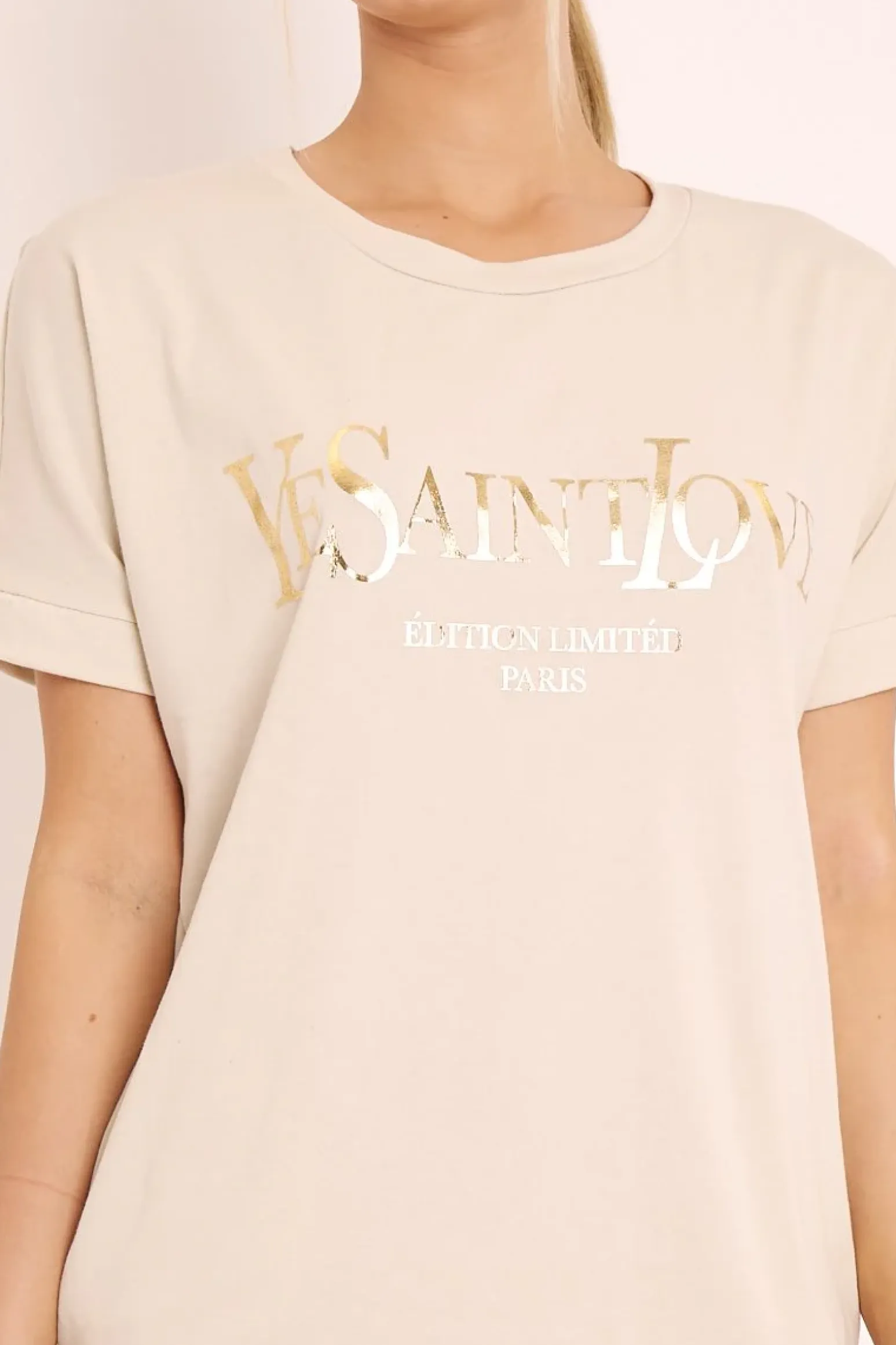 Rebellious Fashion Beige and Gold Parisian Slogan T-shirt Dress - Claire