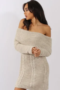 Rebellious Fashion Beige Bardot Heavy Knit Jumper Dress - Suzy