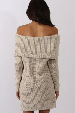 Rebellious Fashion Beige Bardot Heavy Knit Jumper Dress - Suzy
