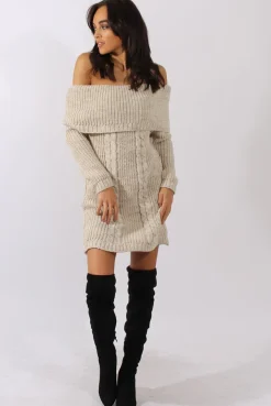 Rebellious Fashion Beige Bardot Heavy Knit Jumper Dress - Suzy