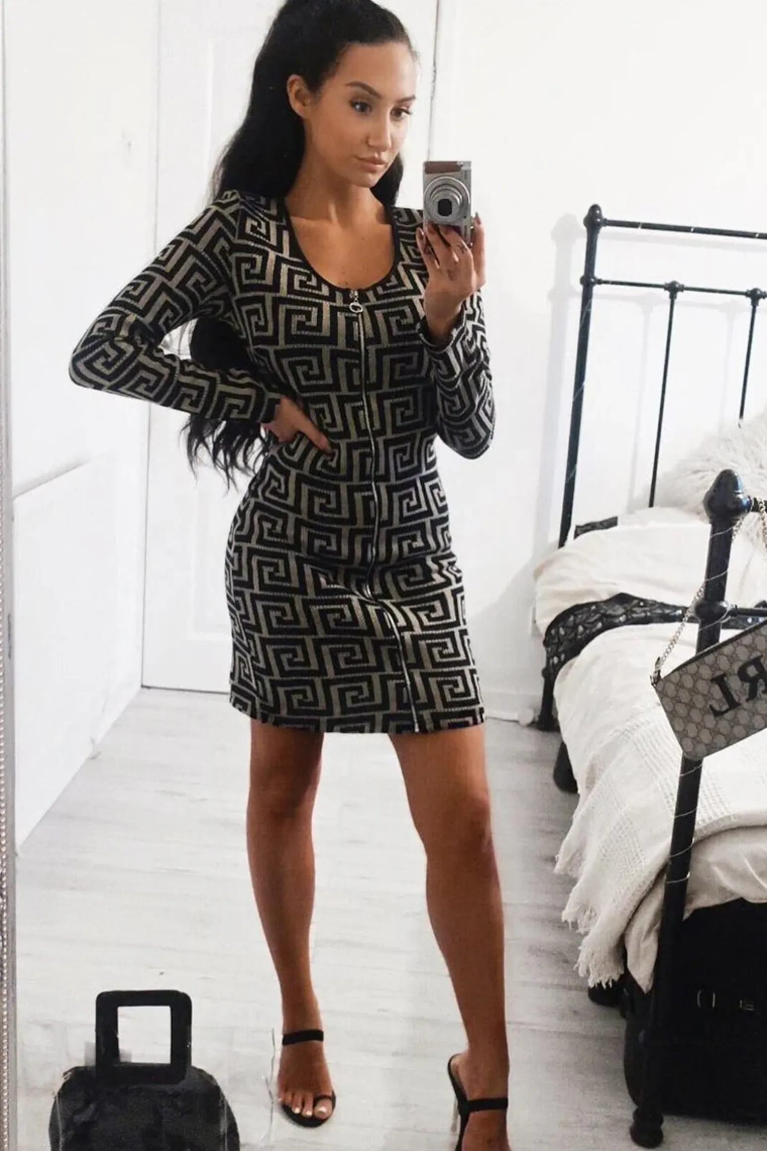 Rebellious Fashion Beige Black Repeat Pattern Knit Dress - Lauralie