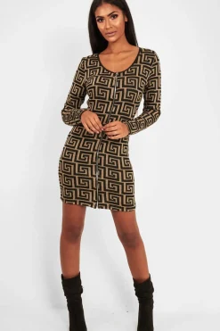 Rebellious Fashion Beige Black Repeat Pattern Knit Dress - Lauralie