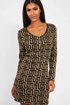 Rebellious Fashion Beige Black Repeat Pattern Knit Dress - Lauralie
