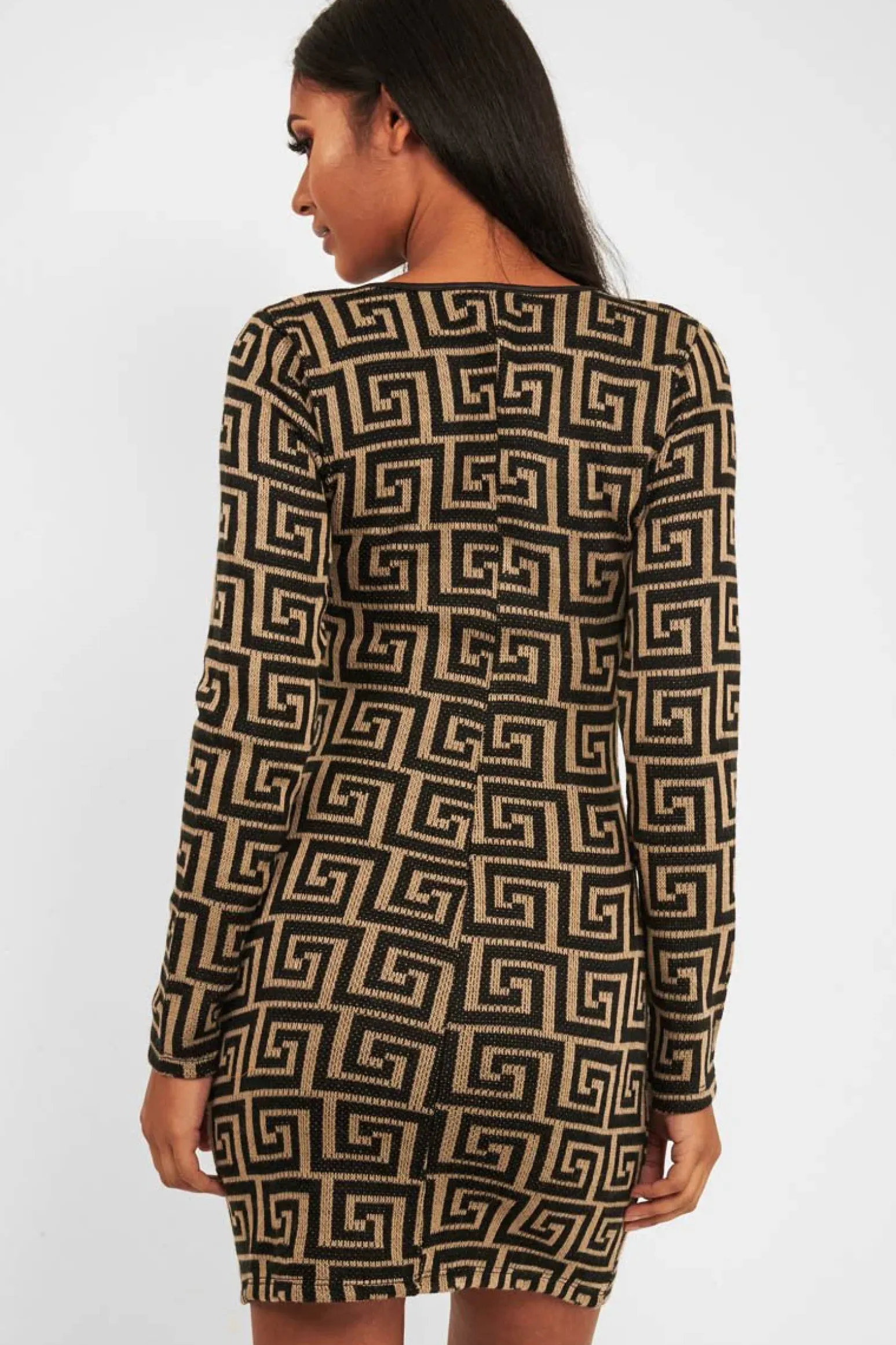 Rebellious Fashion Beige Black Repeat Pattern Knit Dress - Lauralie