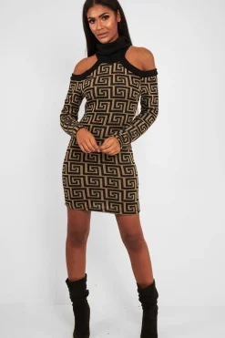 Rebellious Fashion Beige Black Repeat Pattern Cold Shoulder Dress - Donya