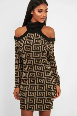Rebellious Fashion Beige Black Repeat Pattern Cold Shoulder Dress - Donya