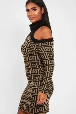 Rebellious Fashion Beige Black Repeat Pattern Cold Shoulder Dress - Donya