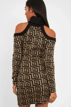 Rebellious Fashion Beige Black Repeat Pattern Cold Shoulder Dress - Donya