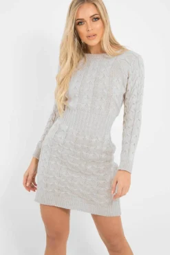 Rebellious Fashion Beige Cable Knit Jumper Midi Dress - Jaylie