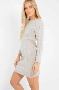 Rebellious Fashion Beige Cable Knit Jumper Midi Dress - Jaylie