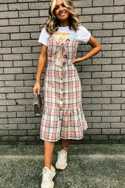 Rebellious Fashion Beige Check Tie Button Front Ruffle Hem Midi Dress - Lorenza
