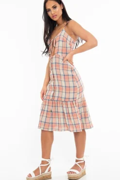 Rebellious Fashion Beige Check Tie Button Front Ruffle Hem Midi Dress - Lorenza