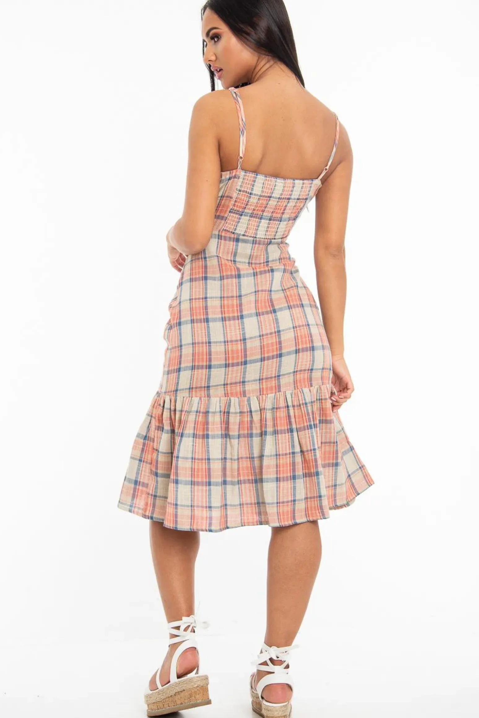 Rebellious Fashion Beige Check Tie Button Front Ruffle Hem Midi Dress - Lorenza