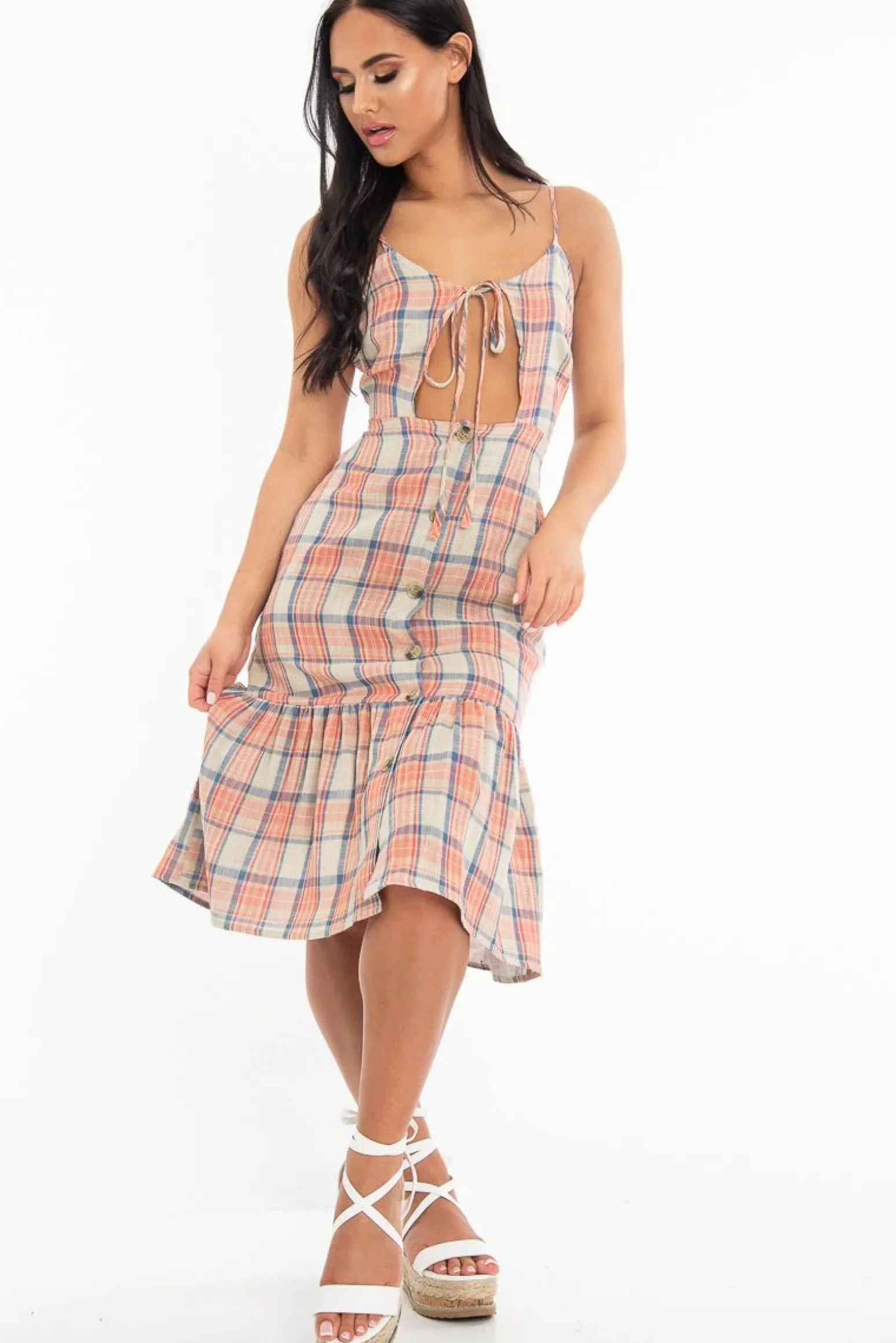 Rebellious Fashion Beige Check Tie Button Front Ruffle Hem Midi Dress - Lorenza