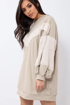 Rebellious Fashion Beige Chevron Fur Jumper Dress - Esme