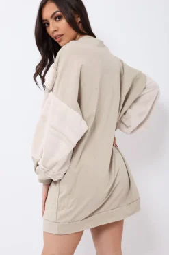 Rebellious Fashion Beige Chevron Fur Jumper Dress - Esme