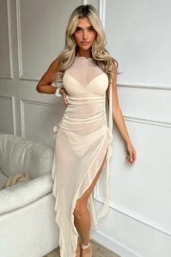 Rebellious Fashion Beige Chiffon Rosette Detail Frill Hem Midi Dress - Ainu