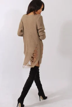 Rebellious Fashion Beige Distressed Jumper Dress - Kim