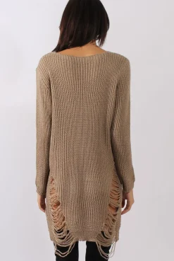 Rebellious Fashion Beige Distressed Jumper Dress - Kim