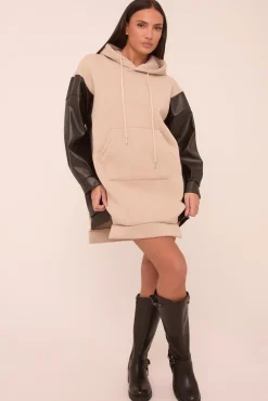 Rebellious Fashion Beige Faux Leather Long Sleeves Hooded Jumper Dress - Kary