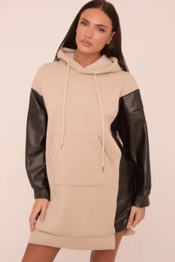 Rebellious Fashion Beige Faux Leather Long Sleeves Hooded Jumper Dress - Kary
