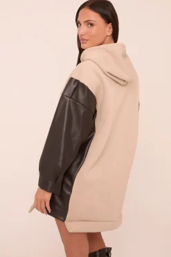 Rebellious Fashion Beige Faux Leather Long Sleeves Hooded Jumper Dress - Kary