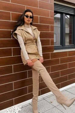 Rebellious Fashion Beige Faux Leather Plunge Belted Dress - Jaice