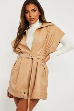 Rebellious Fashion Beige Faux Leather Plunge Belted Dress - Jaice