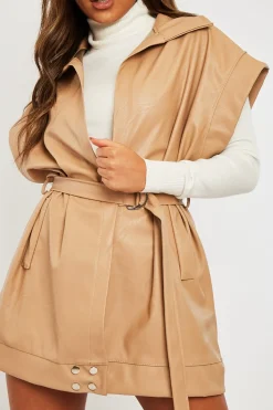 Rebellious Fashion Beige Faux Leather Plunge Belted Dress - Jaice