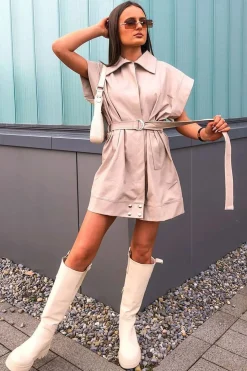 Rebellious Fashion Beige Faux Leather Plunge Belted Dress - Jaice