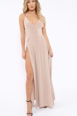 Rebellious Fashion Beige Front Split Leg Maxi Dress - Effy