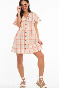 Rebellious Fashion Beige Gingham Plunge Button Front Woven Smock Dress - Sianna