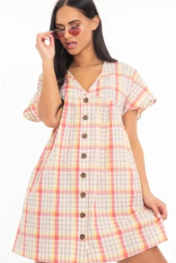 Rebellious Fashion Beige Gingham Plunge Button Front Woven Smock Dress - Sianna