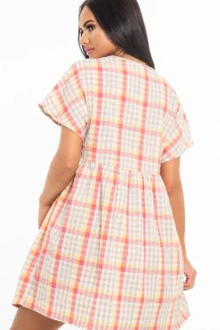 Rebellious Fashion Beige Gingham Plunge Button Front Woven Smock Dress - Sianna