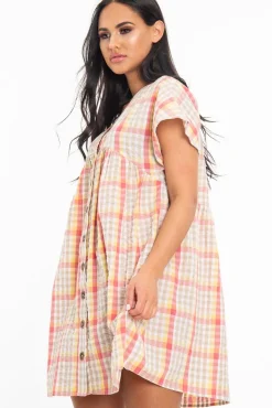 Rebellious Fashion Beige Gingham Plunge Button Front Woven Smock Dress - Sianna