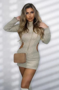 Rebellious Fashion Beige Knit High Neck Cut Out Mini Dress - Kennedy