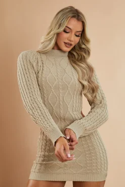 Rebellious Fashion Beige Knit High Neck Cut Out Mini Dress - Kennedy