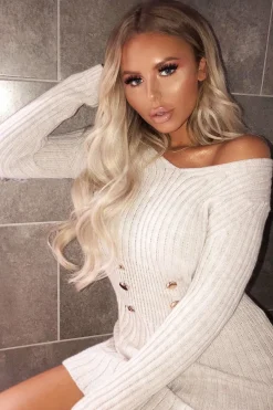 Rebellious Fashion Beige Knit Plunge Button Front Jumper Dress - Cariah