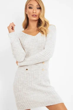 Rebellious Fashion Beige Knit Plunge Button Front Jumper Dress - Cariah