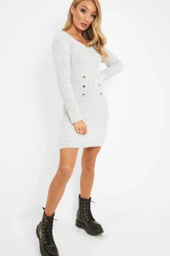 Rebellious Fashion Beige Knit Plunge Button Front Jumper Dress - Cariah