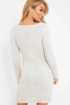 Rebellious Fashion Beige Knit Plunge Button Front Jumper Dress - Cariah