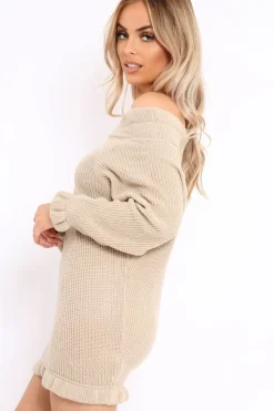Rebellious Fashion Beige Knitted Bardot Jumper Dress with Elasticated hems - Kirsty