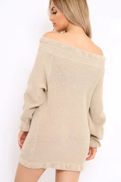 Rebellious Fashion Beige Knitted Bardot Jumper Dress with Elasticated hems - Kirsty