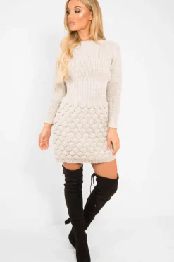 Rebellious Fashion Beige Knitted Jumper Midi Dress - Izzy