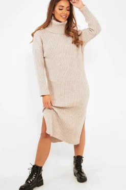 Rebellious Fashion Beige Knitted Roll Neck Jumper Dress - Cecily
